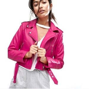 Hot Pink Cropped Leather Jacket